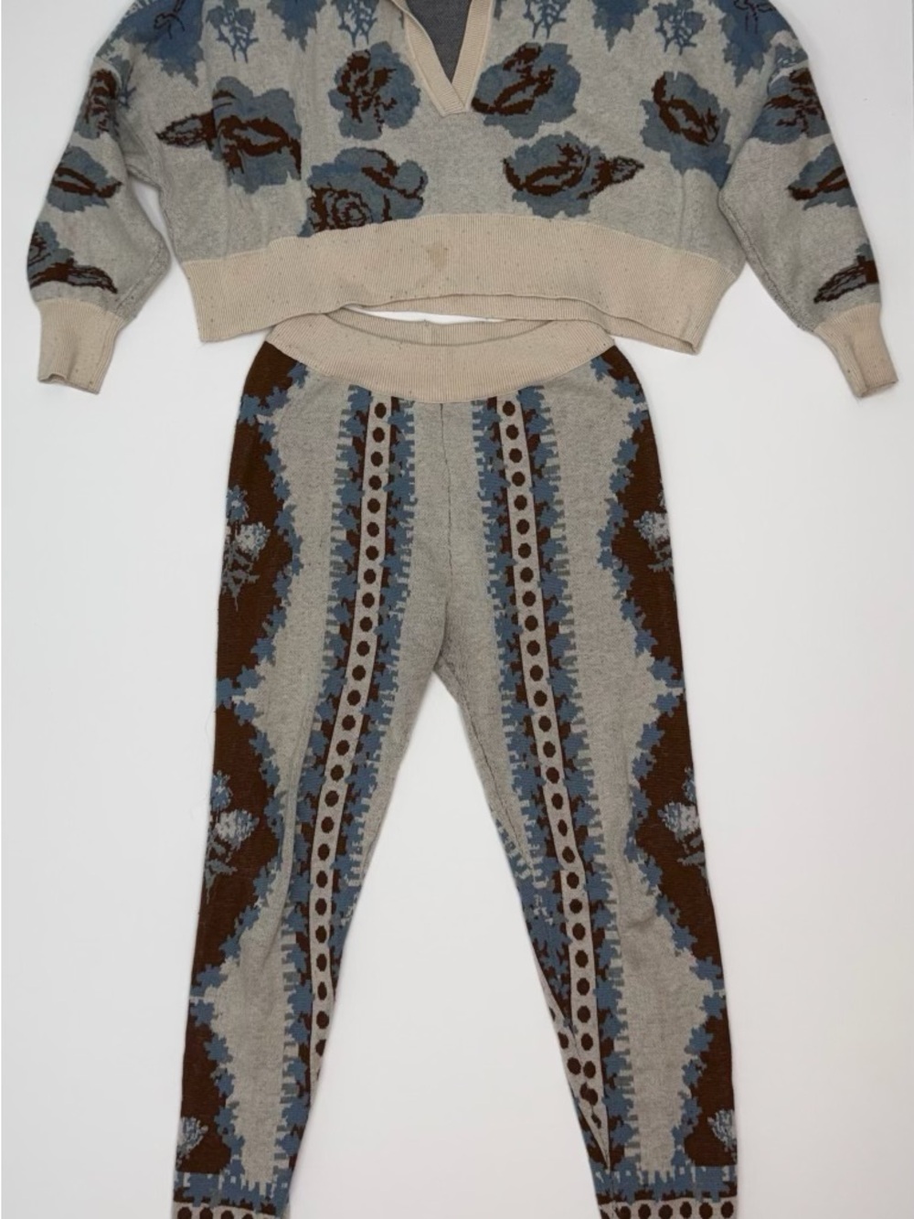 Free People Two-Piece Knit Set in Cream, Blue, Brown